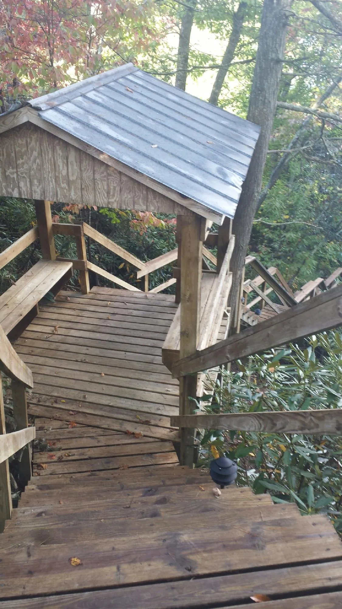 Metal roofed shelter over wooden steps on a wooded walkway — Skylight Repair & Installation work by our crew in Smiths Creek
